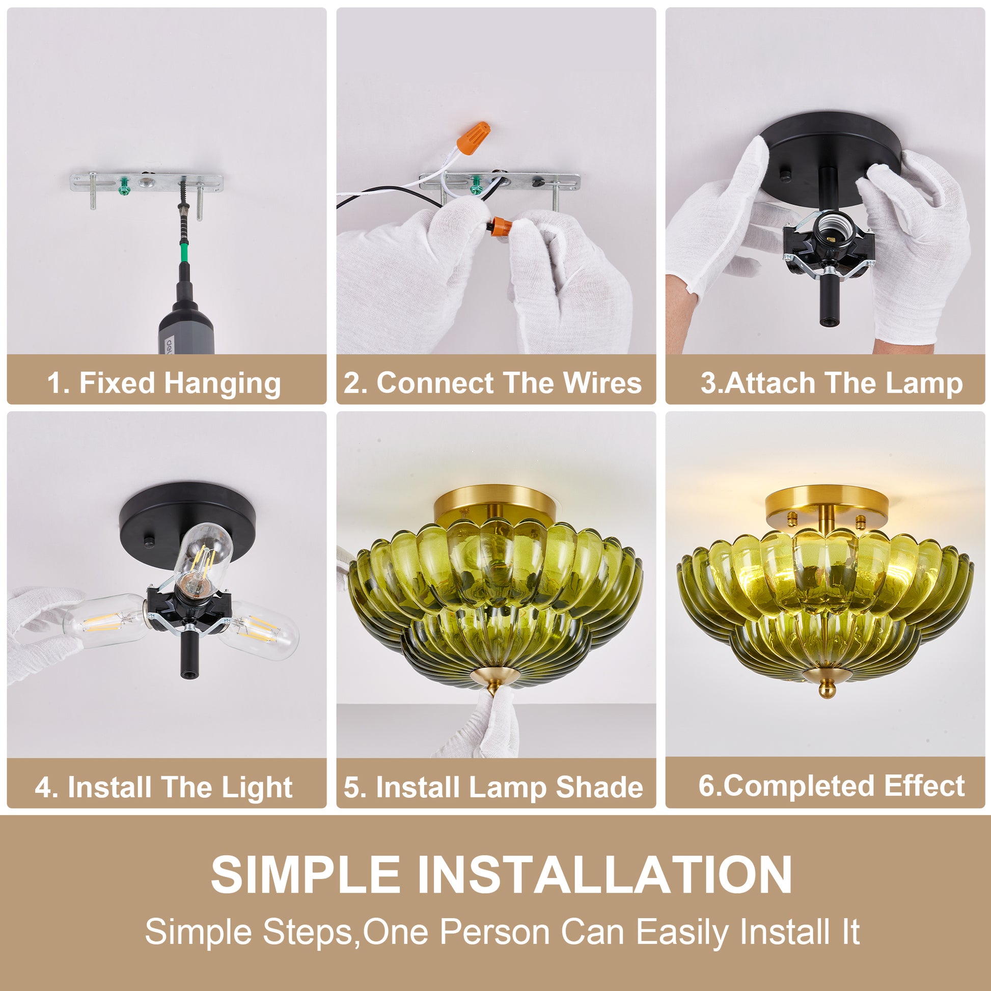 11.8" 3-Light Green Flower Glass Semi Flush Ceiling Light - view 8