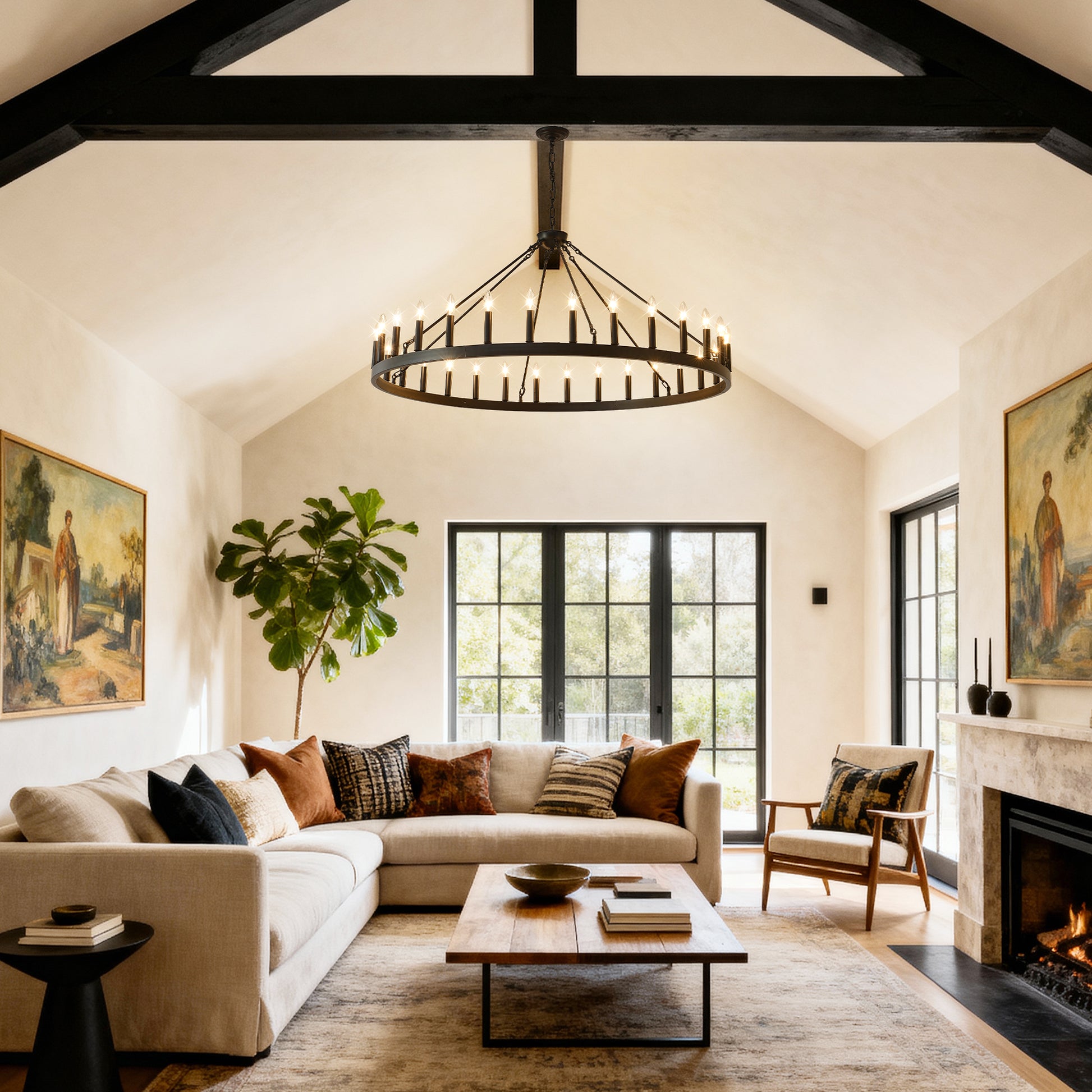 53.15" Matte Black Wagon Wheel Chandelier, 30-Light - view 4