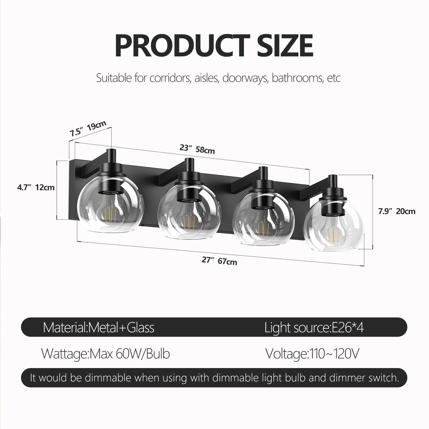 4-Light Matte Black Industrial Vanity Light with Globe Glass - view 8