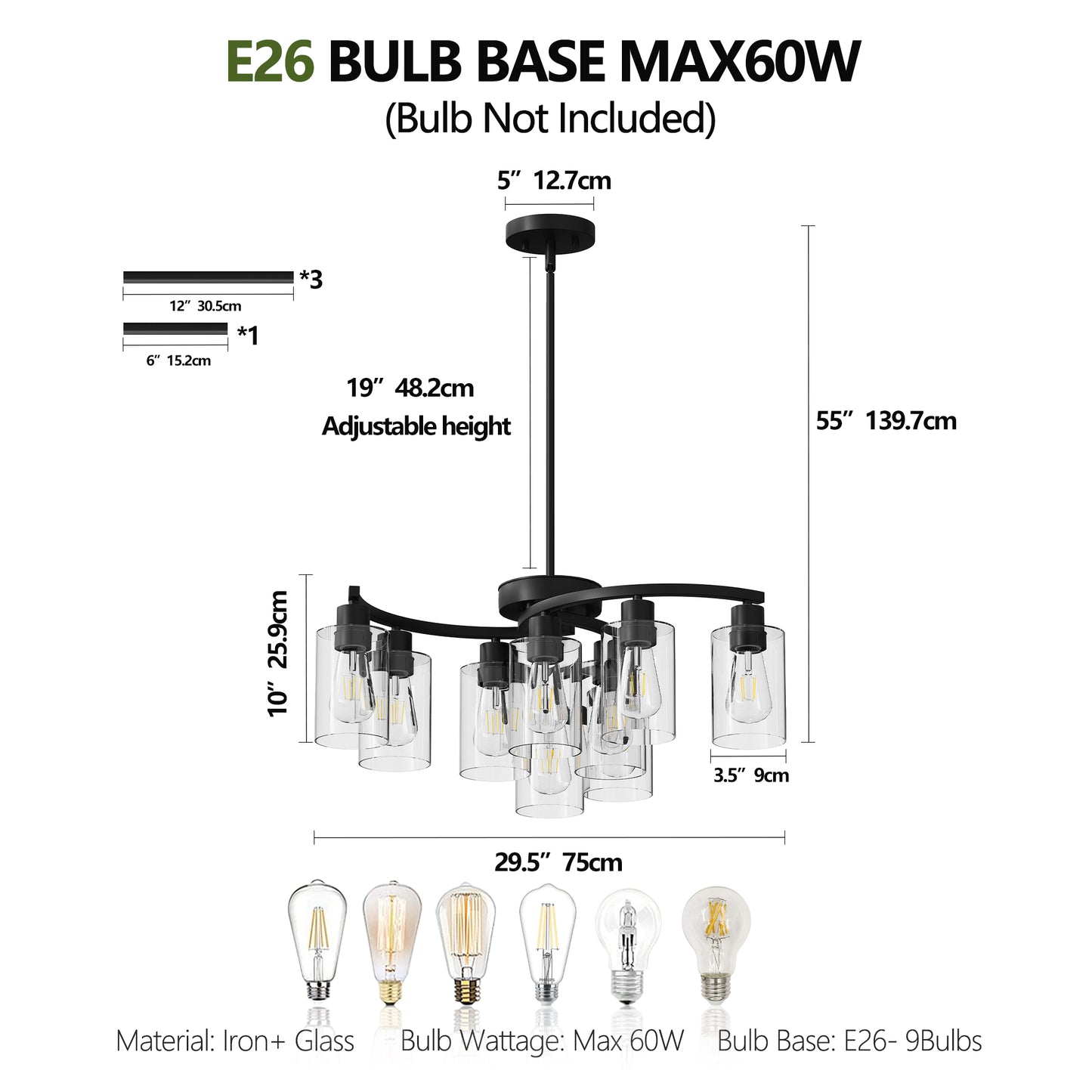 9-Light Black Farmhouse Chandelier with Clear Glass - view 7