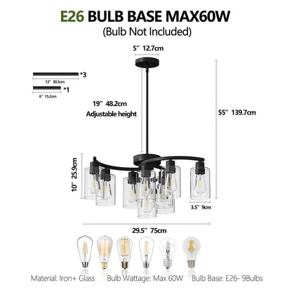 9-Light Black Farmhouse Chandelier with Clear Glass - view 7