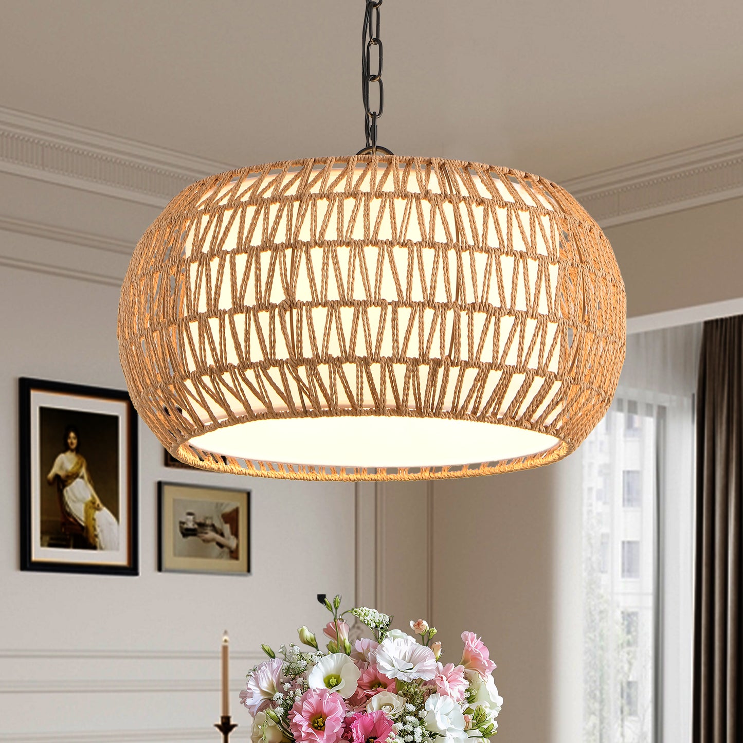 18" White Boho Woven Jute Rope Pendant Light - view 6