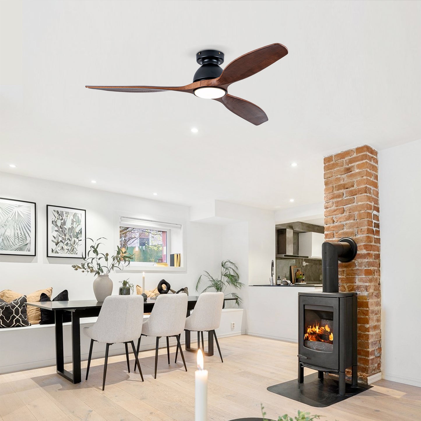 52" Matte Black Flush Mount Wood Ceiling Fan with Remote - view 4