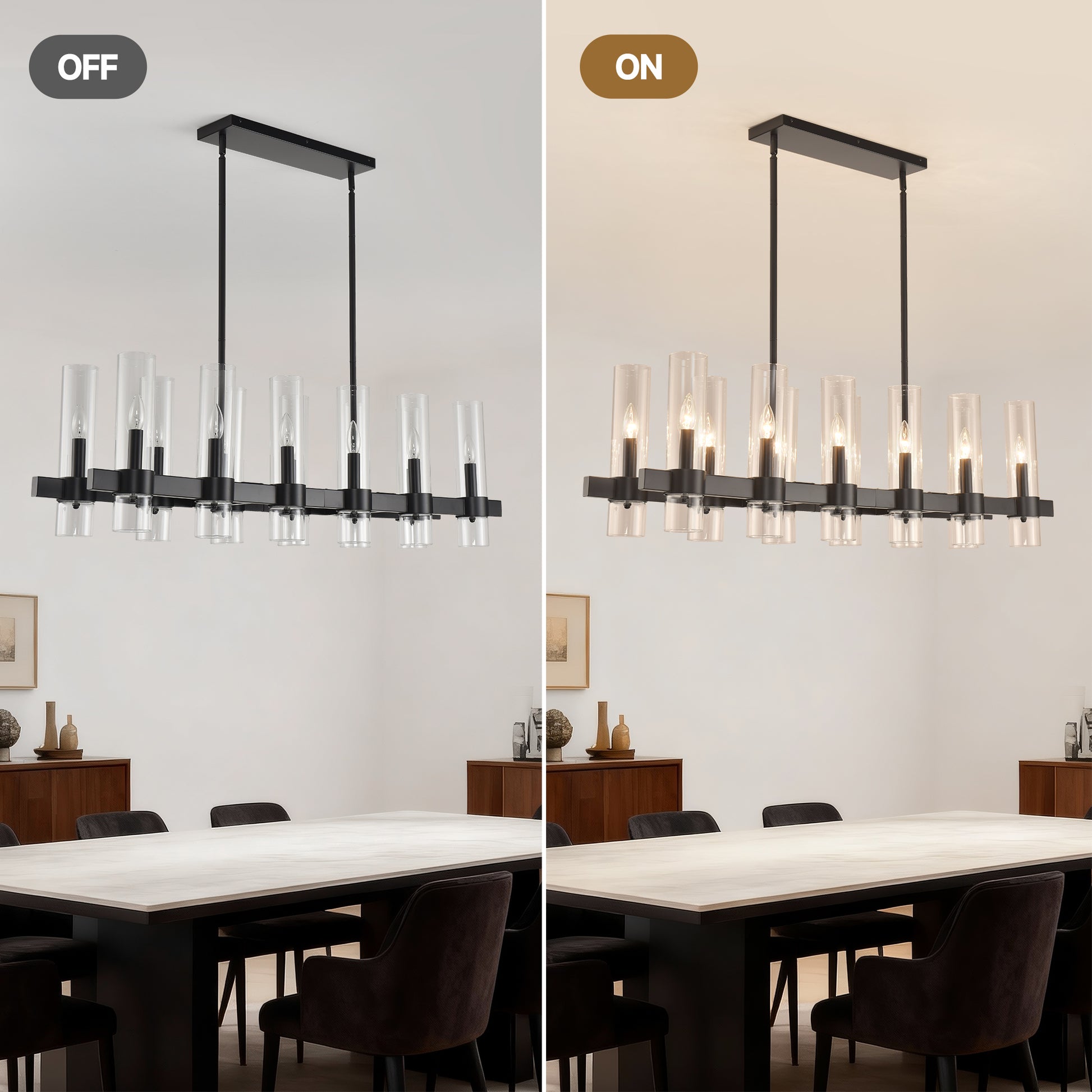 12-Light Black Linear Farmhouse Chandelier with Clear Glass - view 8