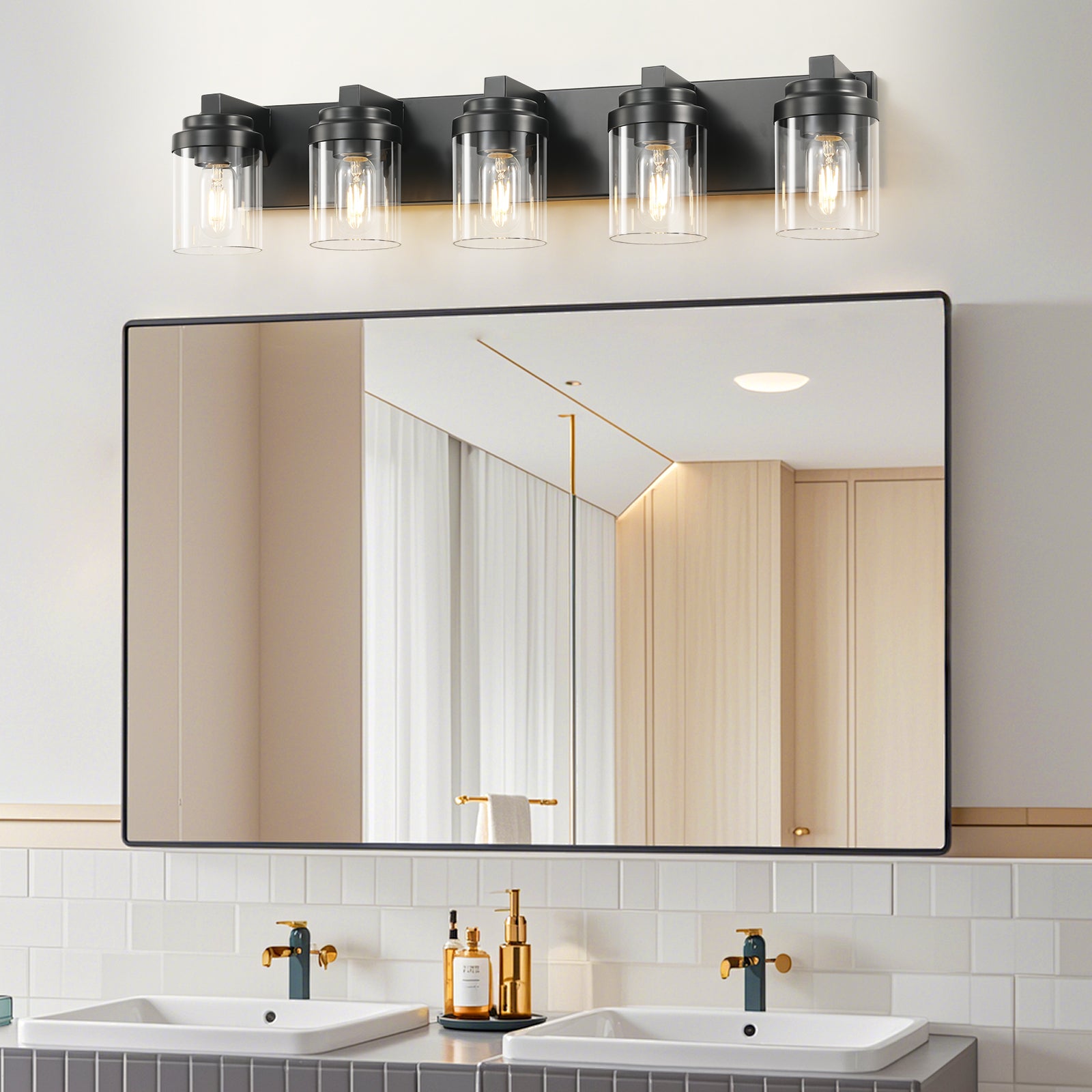 31" 5-Light Black Vanity Light with Glass Shades - view 3