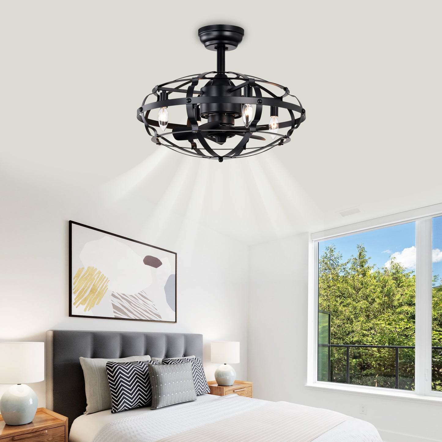 20.63" Matte Black Caged Ceiling Fan with Light - view 3