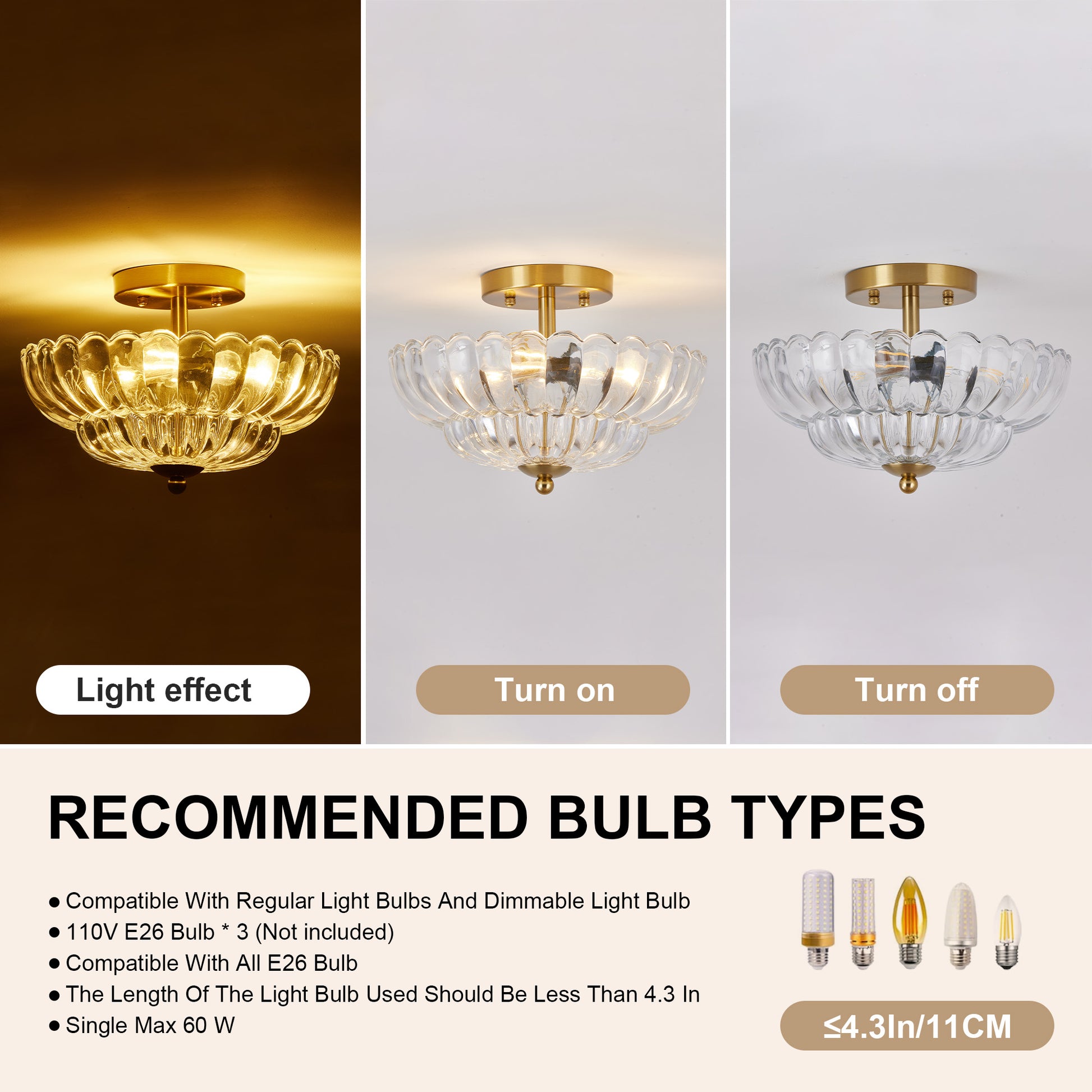 11.8" 3-Light Gold Semi-Flush Ceiling Light with Flower Glass - view 7