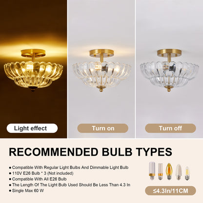 11.8" 3-Light Gold Semi-Flush Ceiling Light with Flower Glass - view 7