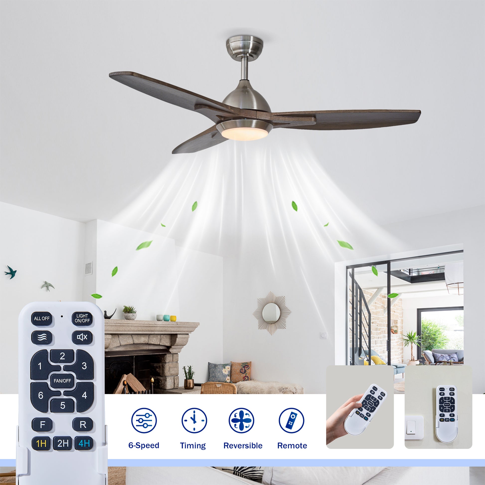 52" Nickel & Wood Reversible Ceiling Fan with Light - view 11