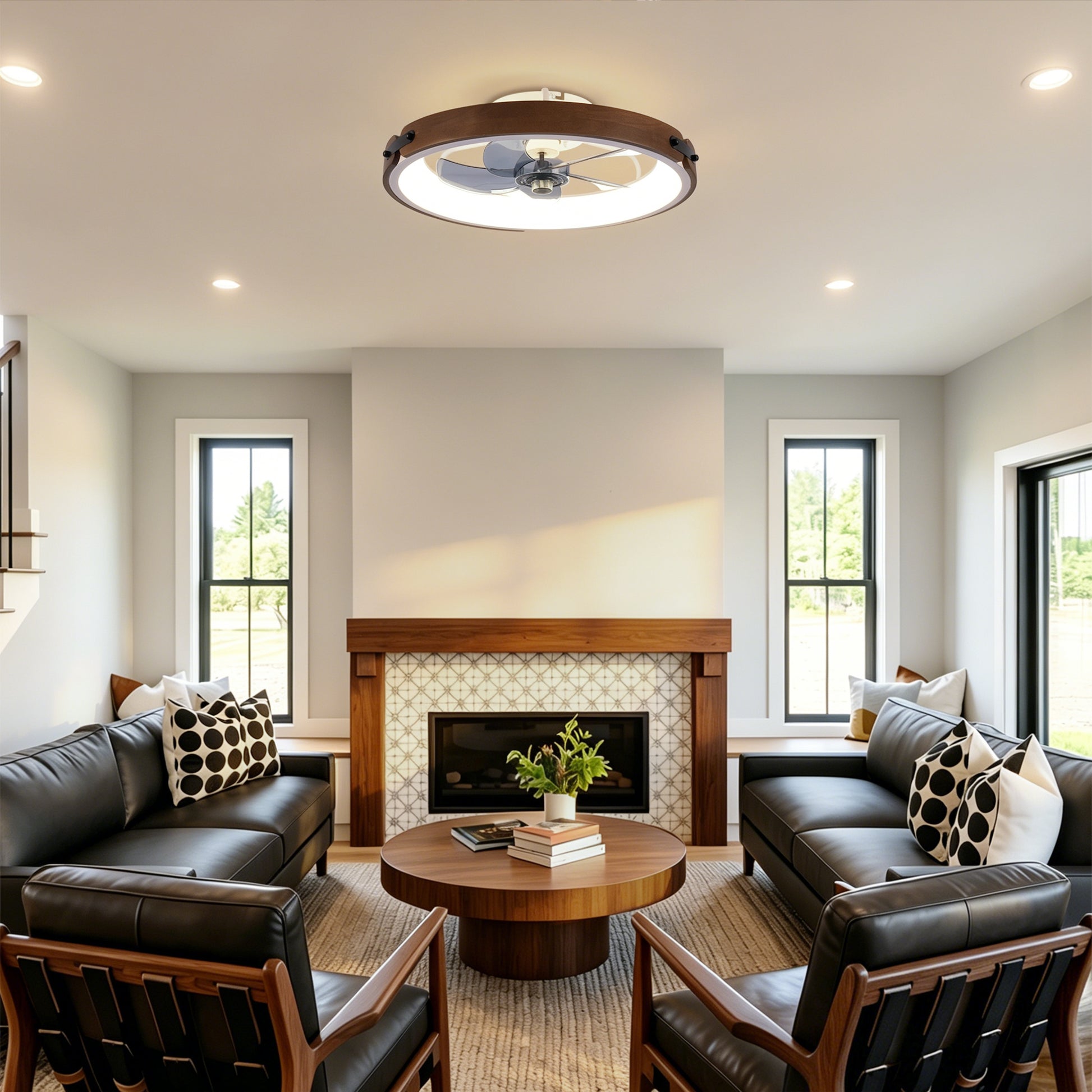 20" Walnut & Black Flush Mount Ceiling Fan with Dimmable LED - view 3