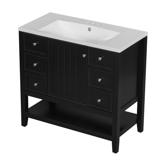 36" Black Bathroom Vanity with Sink and Open Bottom Shelf