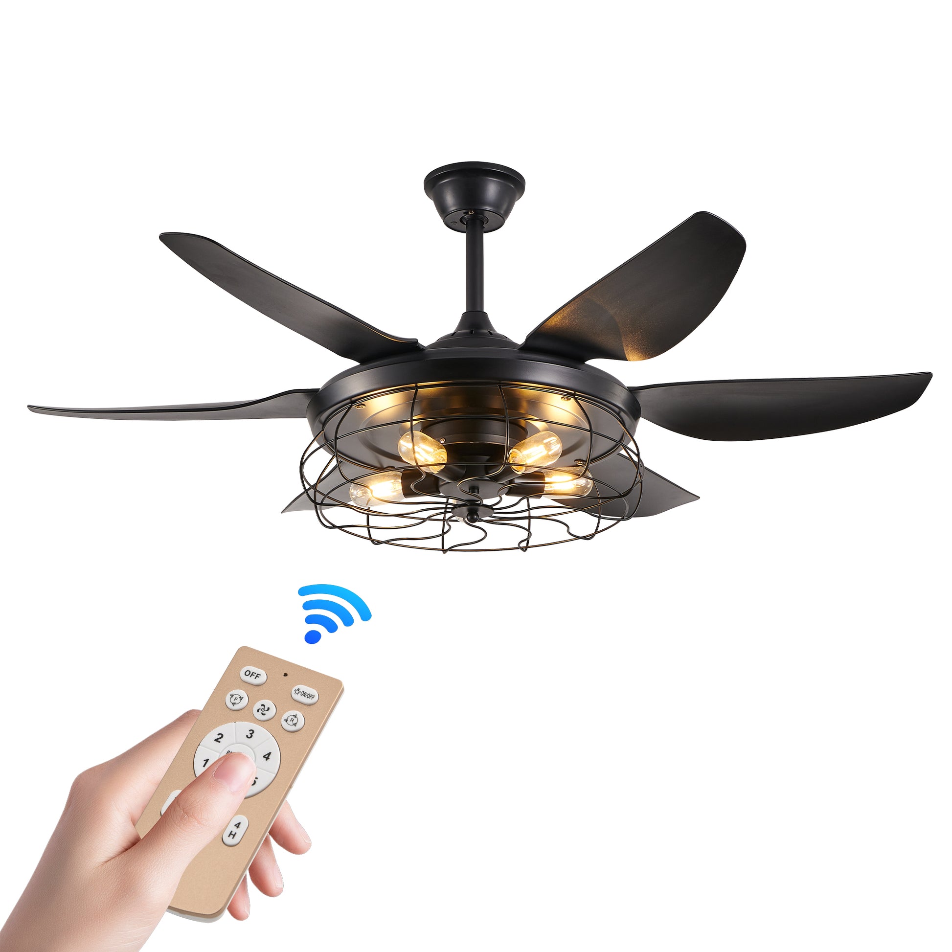 52" Black Industrial Caged Ceiling Fan with Light - view 12