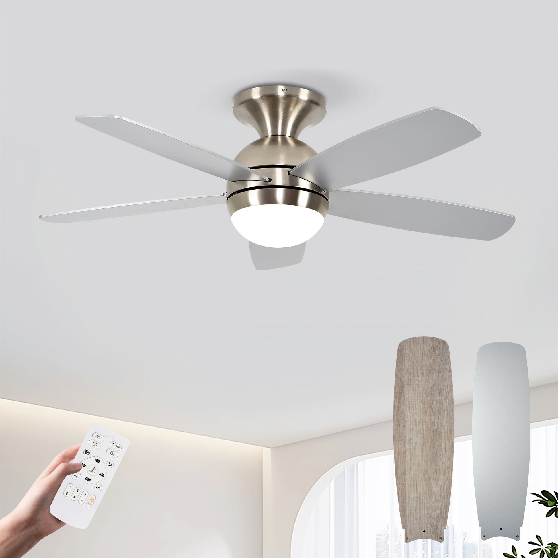 52" Satin Nickel Plywood Blade Ceiling Fan with Remote - view 2