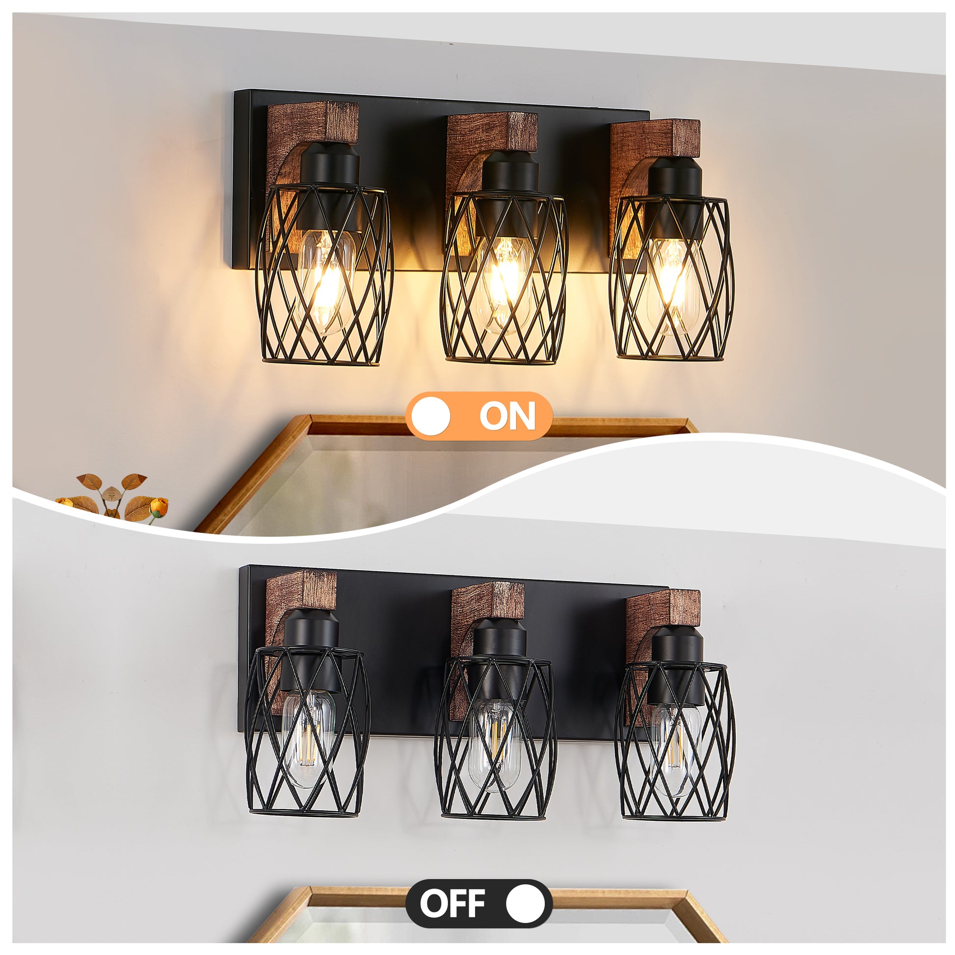 18" 3-Light Black Caged Wall Light with Wood Accents - view 7