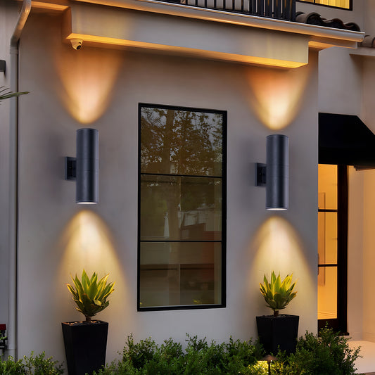 18" Matte Black Cylinder Outdoor Wall Light, Set of 2