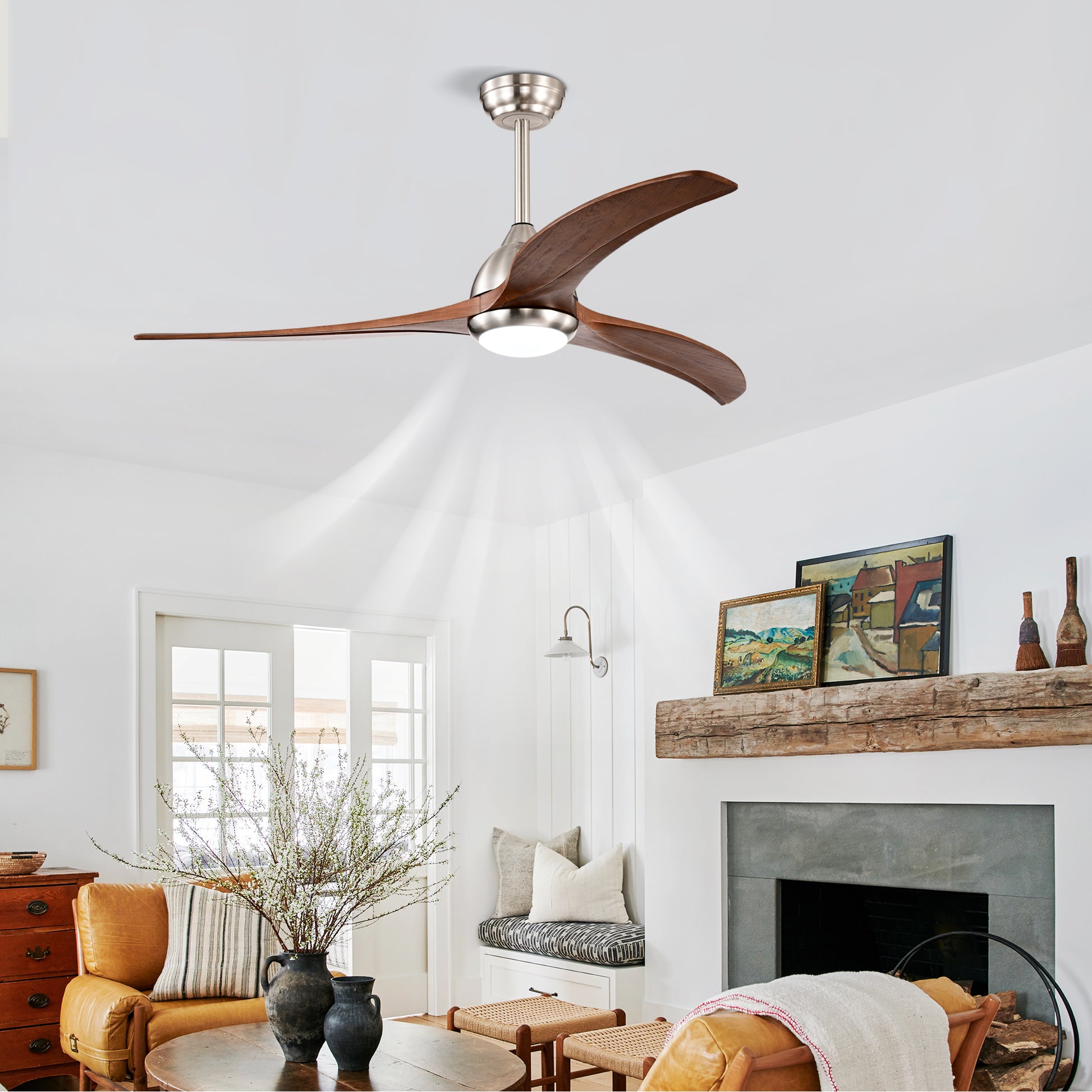 52" Satin Nickel & Walnut Ceiling Fan with Light & Remote - view 4