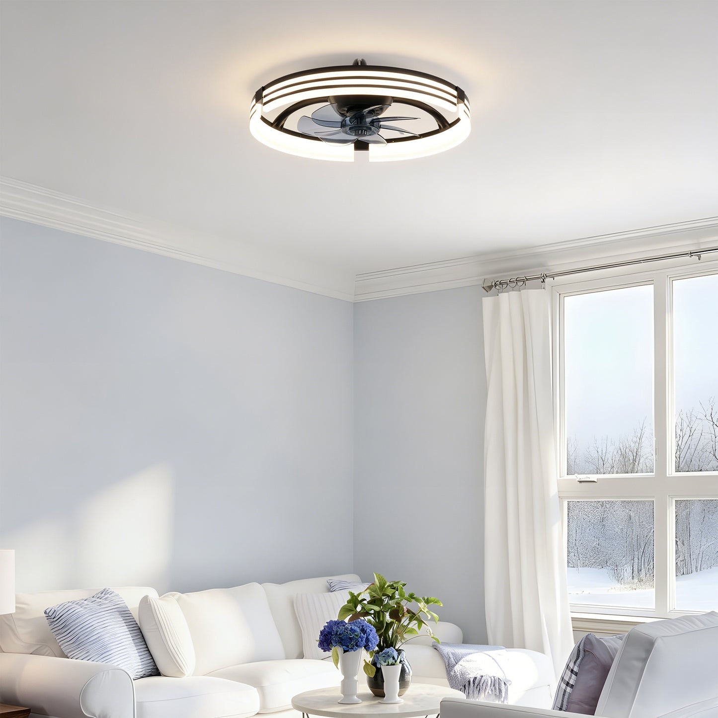20" Matte Black Flush Mount Ceiling Fan with Dimmable LED - view 3