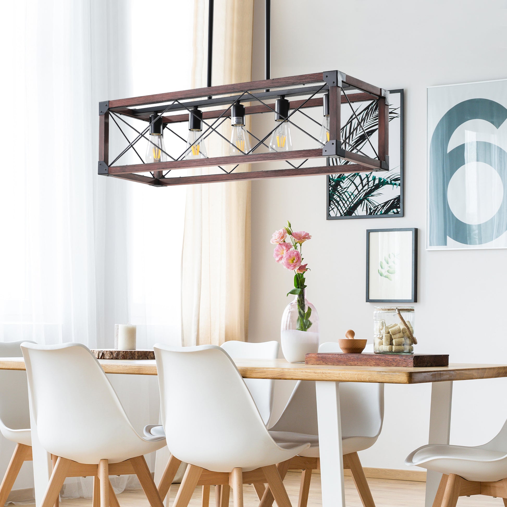 32" 5-Light Red Wood Farmhouse Rectangle Chandelier - view 4