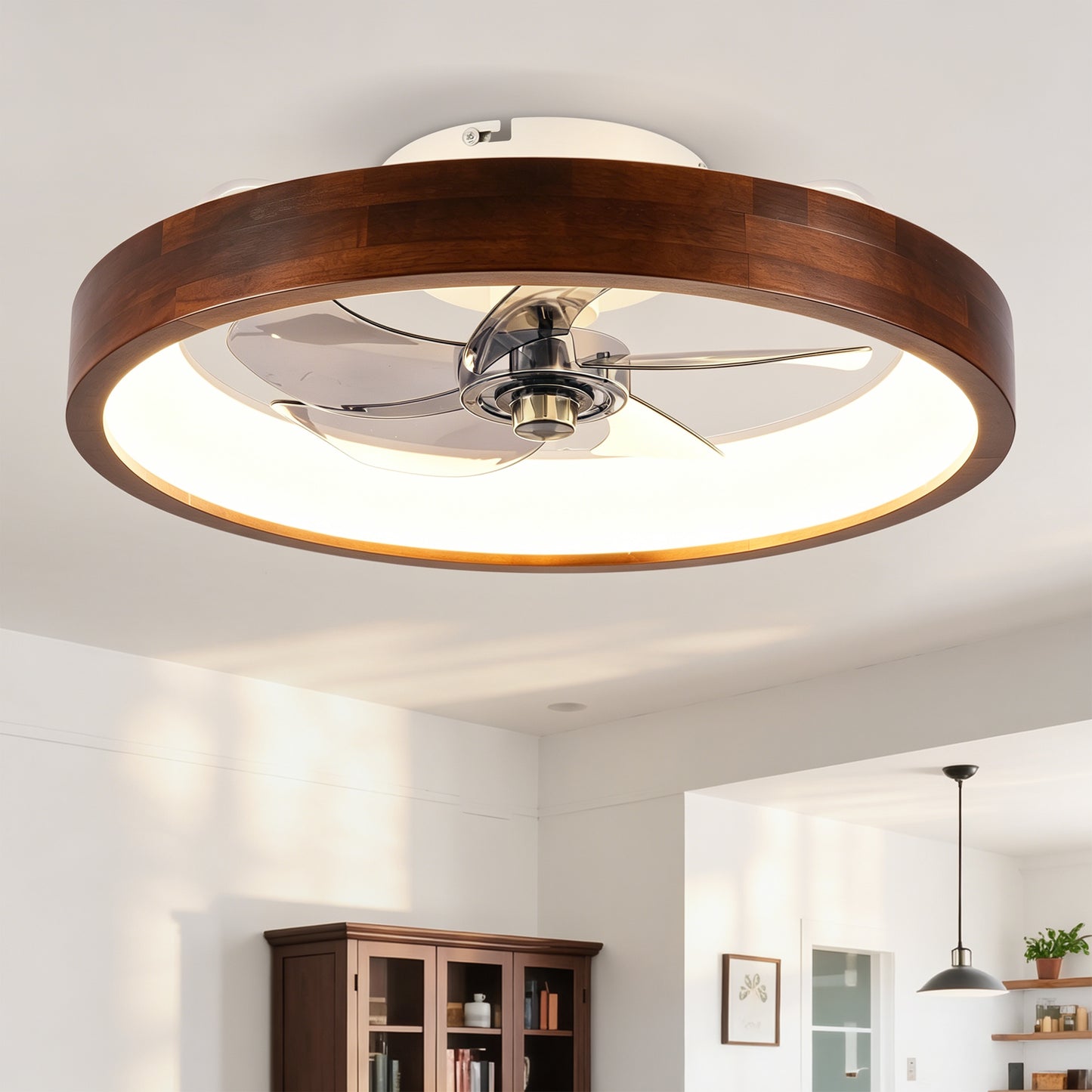 20" White & Wood Flush Mount Ceiling Fan with Dimmable LED - view 2