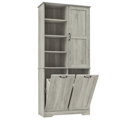 68" Oak Bathroom Cabinet with Tilt-Out Laundry Hamper