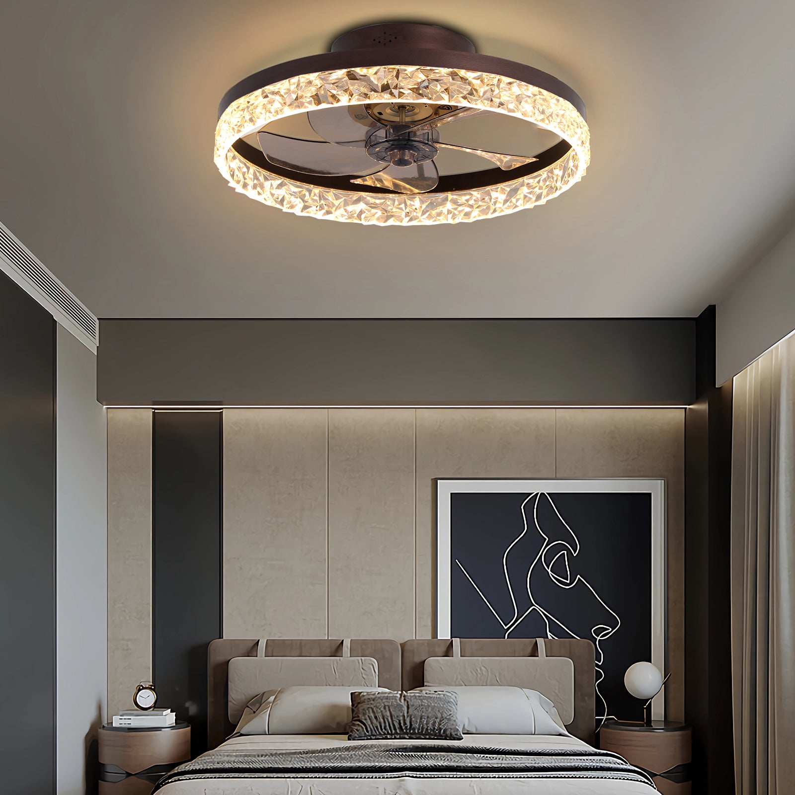 19.7" Brown Flush Mount Ceiling Fan with Dimmable LED - view 3