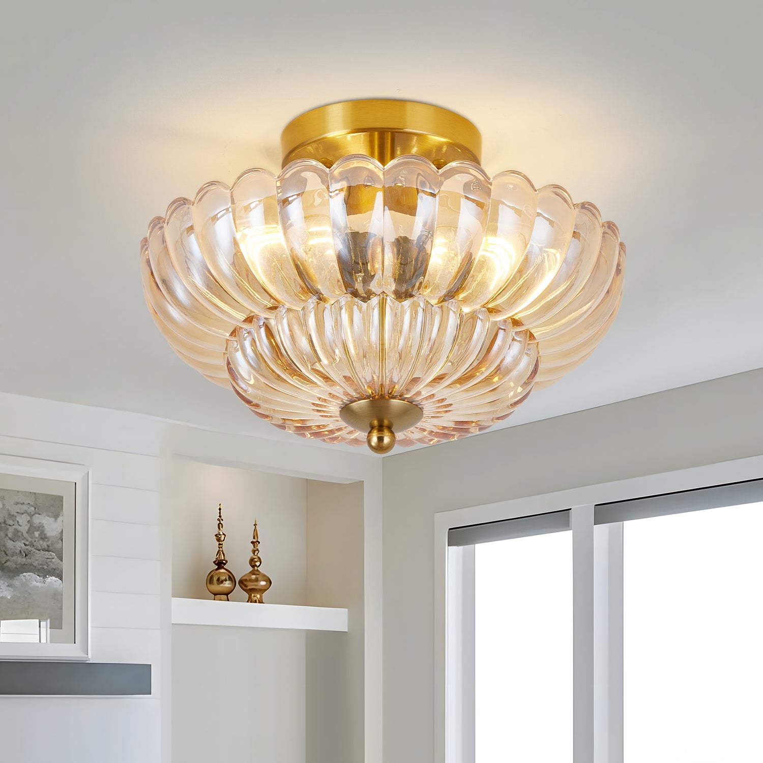 11.8" 3-Light Amber Flower Glass Semi Flush Ceiling Light
