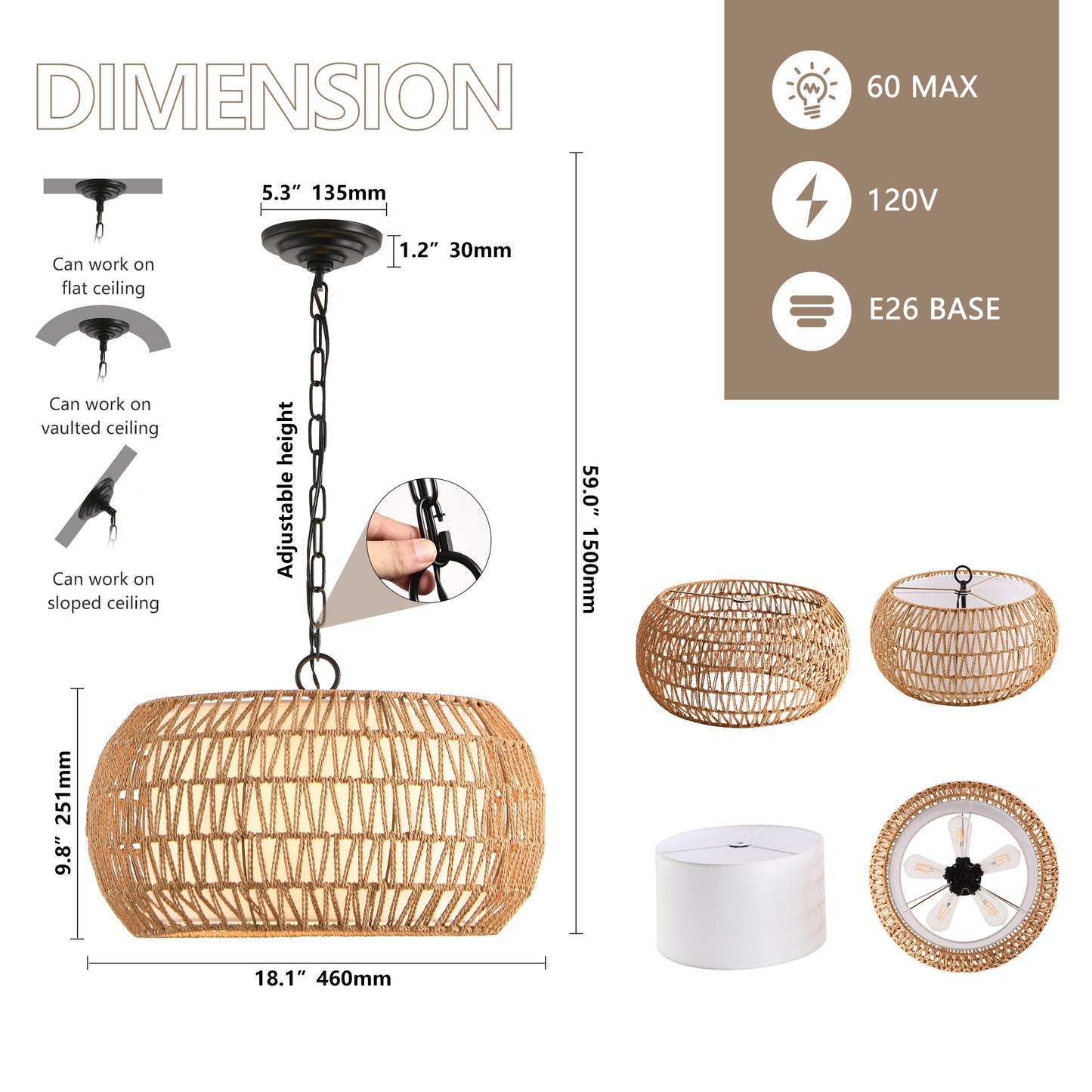 18" White Boho Woven Jute Rope Pendant Light - view 9