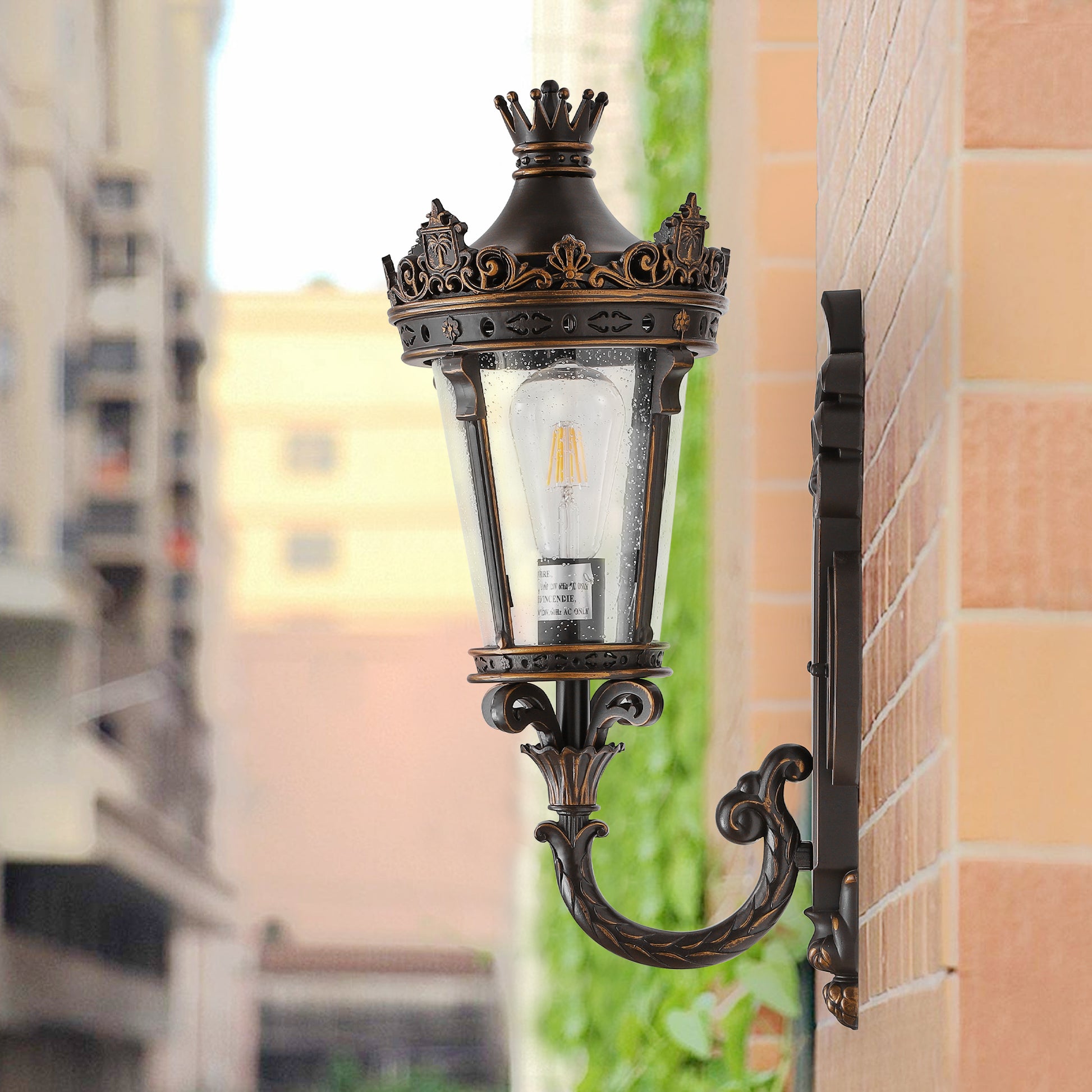 21"H Coffee Outdoor Wall Lantern with Crown Top