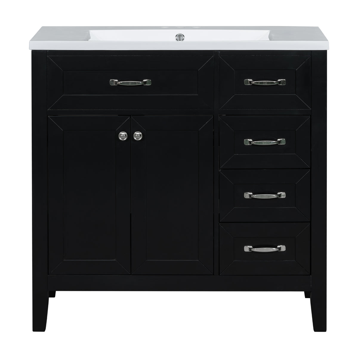 36" Black Bathroom Vanity with Ceramic Sink, 2 Doors & 4 Drawers
