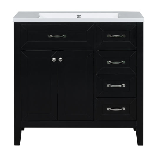 36" Black Bathroom Vanity with Ceramic Sink, 2 Doors & 4 Drawers