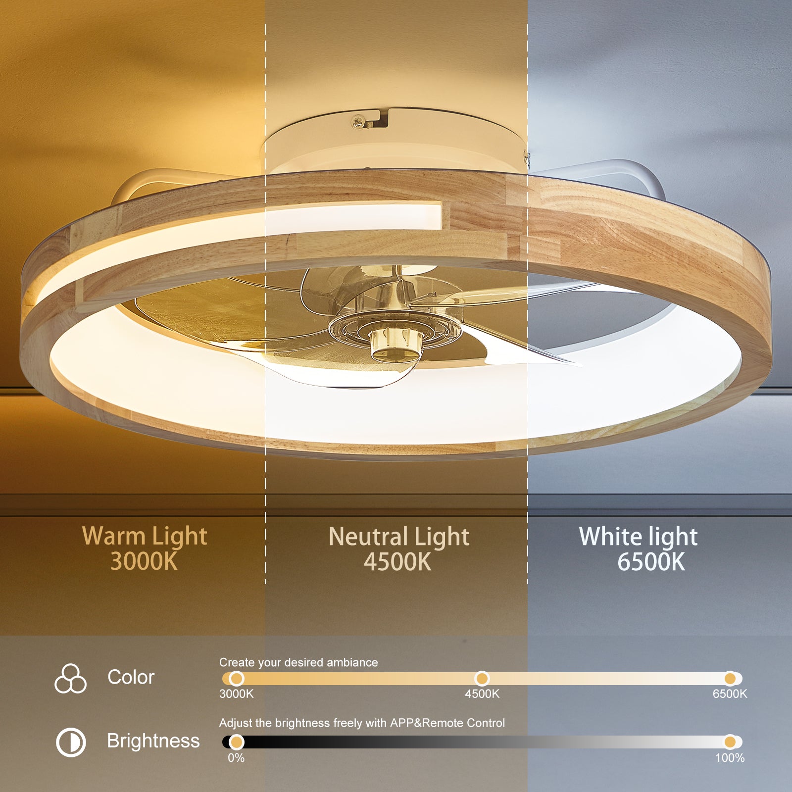 20" Wood Flush Mount Ceiling Fan with Dimmable LED - view 5