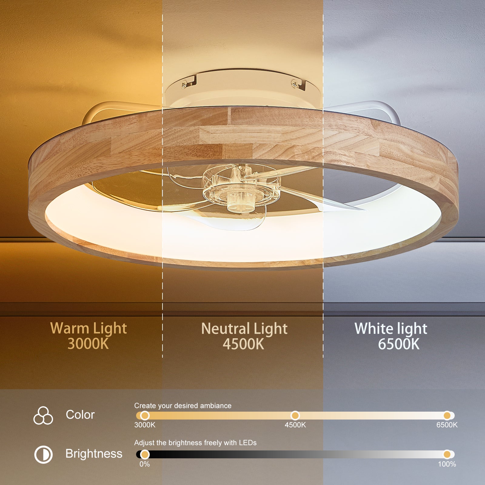 20" Wood Low Profile Flush Mount Ceiling Fan with Dimmable LED - view 5