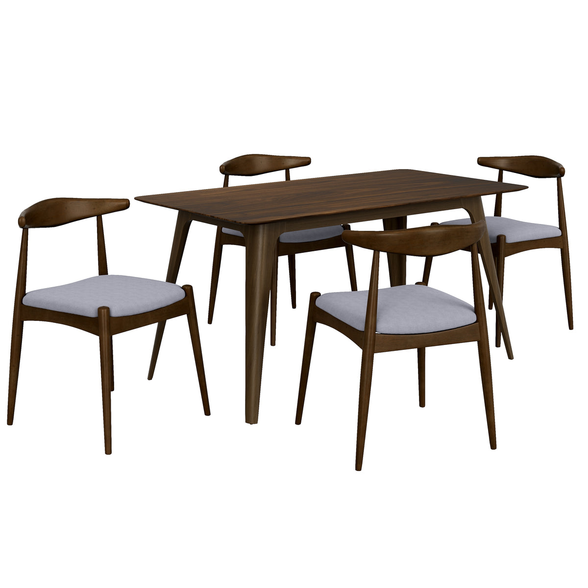 5-Piece Walnut Dining Set with 4 Light Gray Upholstered Chairs