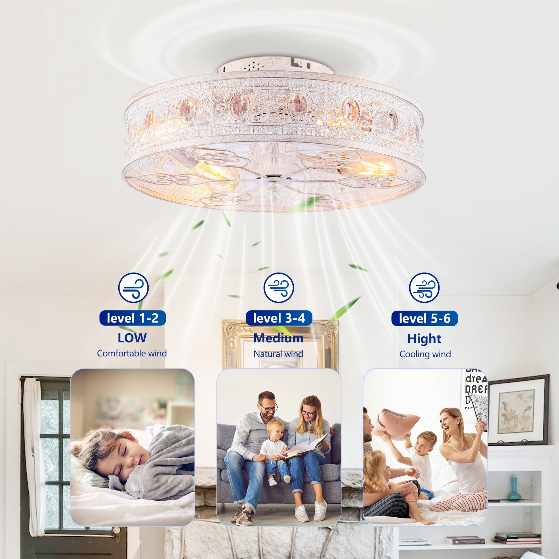 20" White & Gold Crystal Caged Ceiling Fan with Remote - view 7