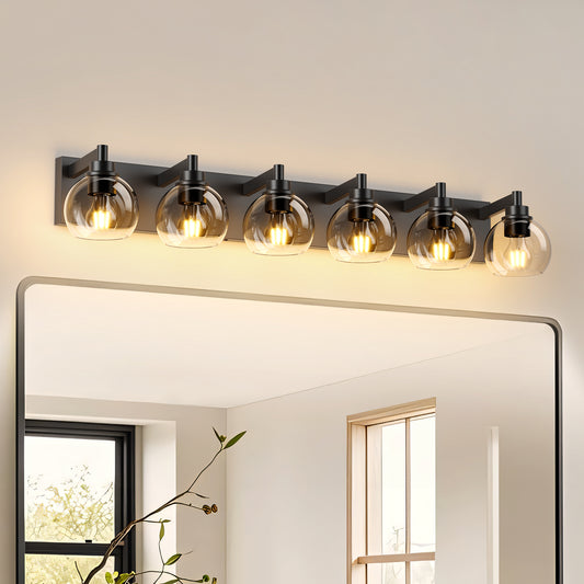 6-Light Black Farmhouse Vanity Light with Glass Shade
