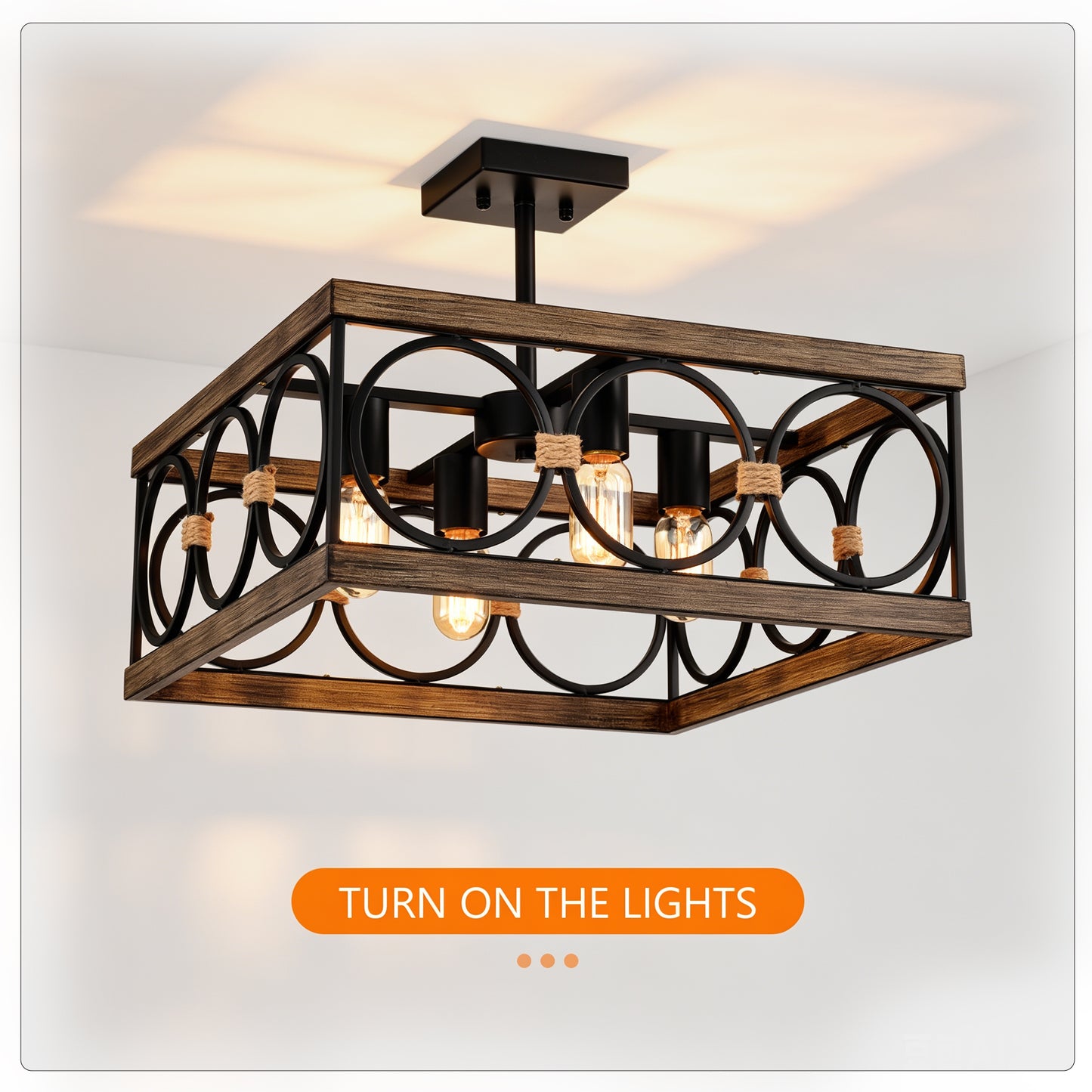 4-Light Wood & Black Farmhouse Flush Mount Ceiling Light - view 8