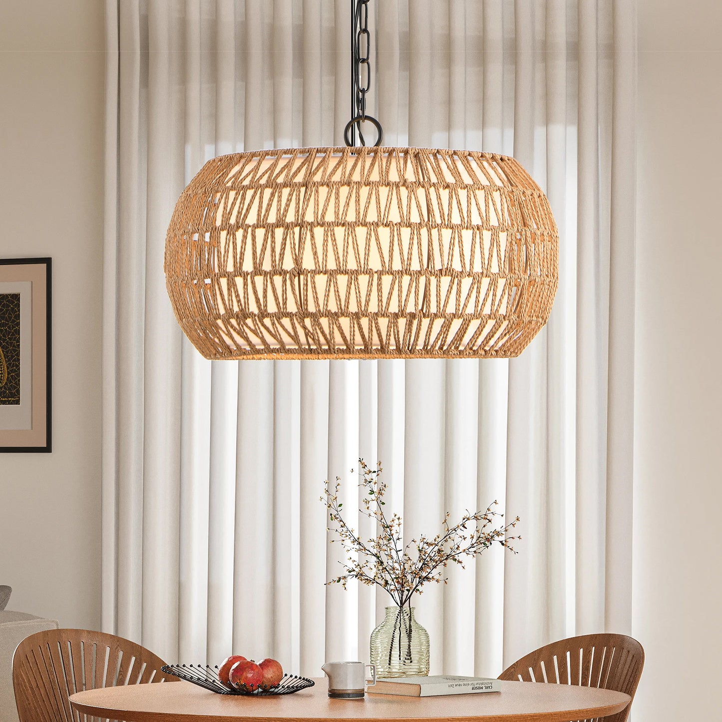 18" White Boho Woven Jute Rope Pendant Light - view 5