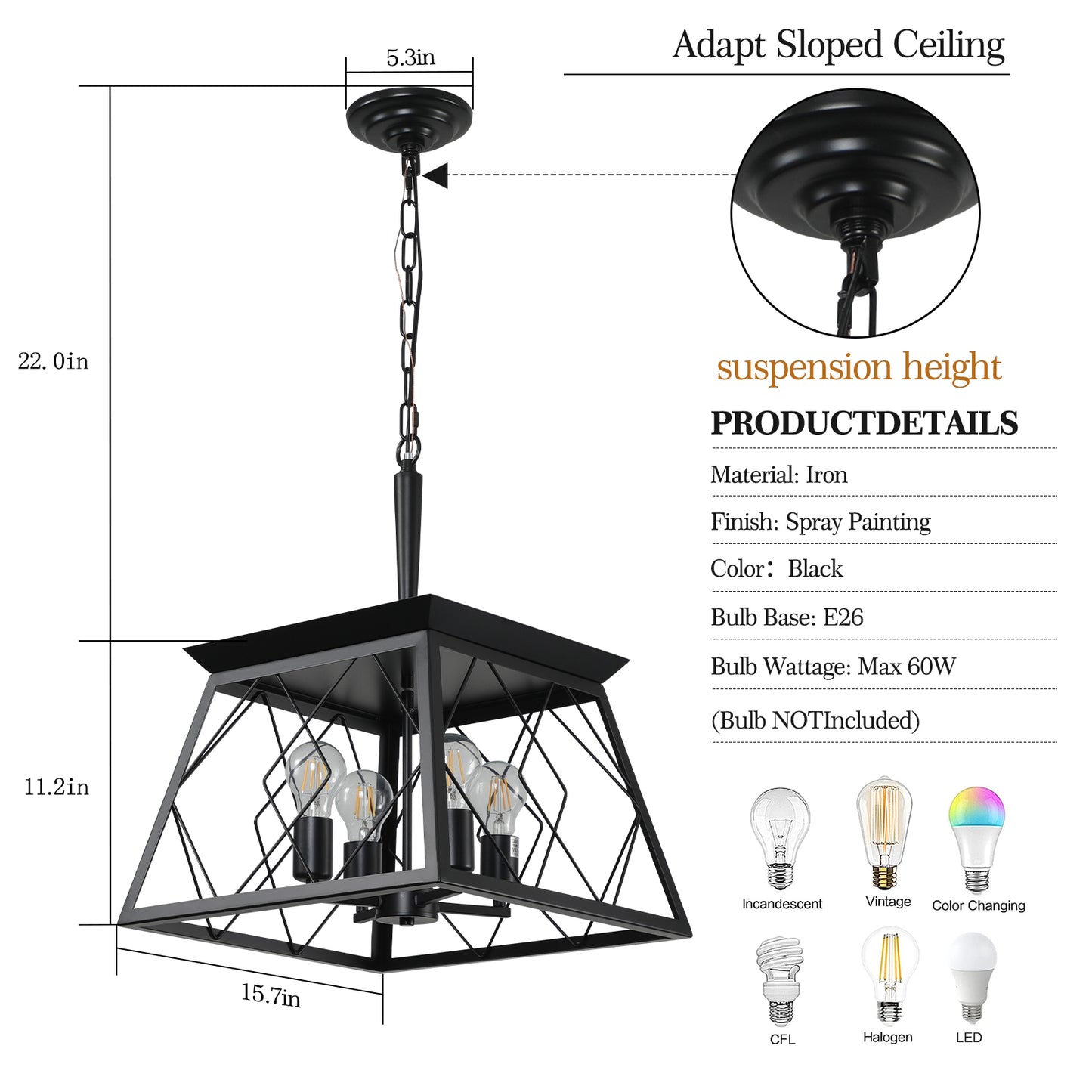 16" 4-Light Black Industrial Cage Chandelier - view 9
