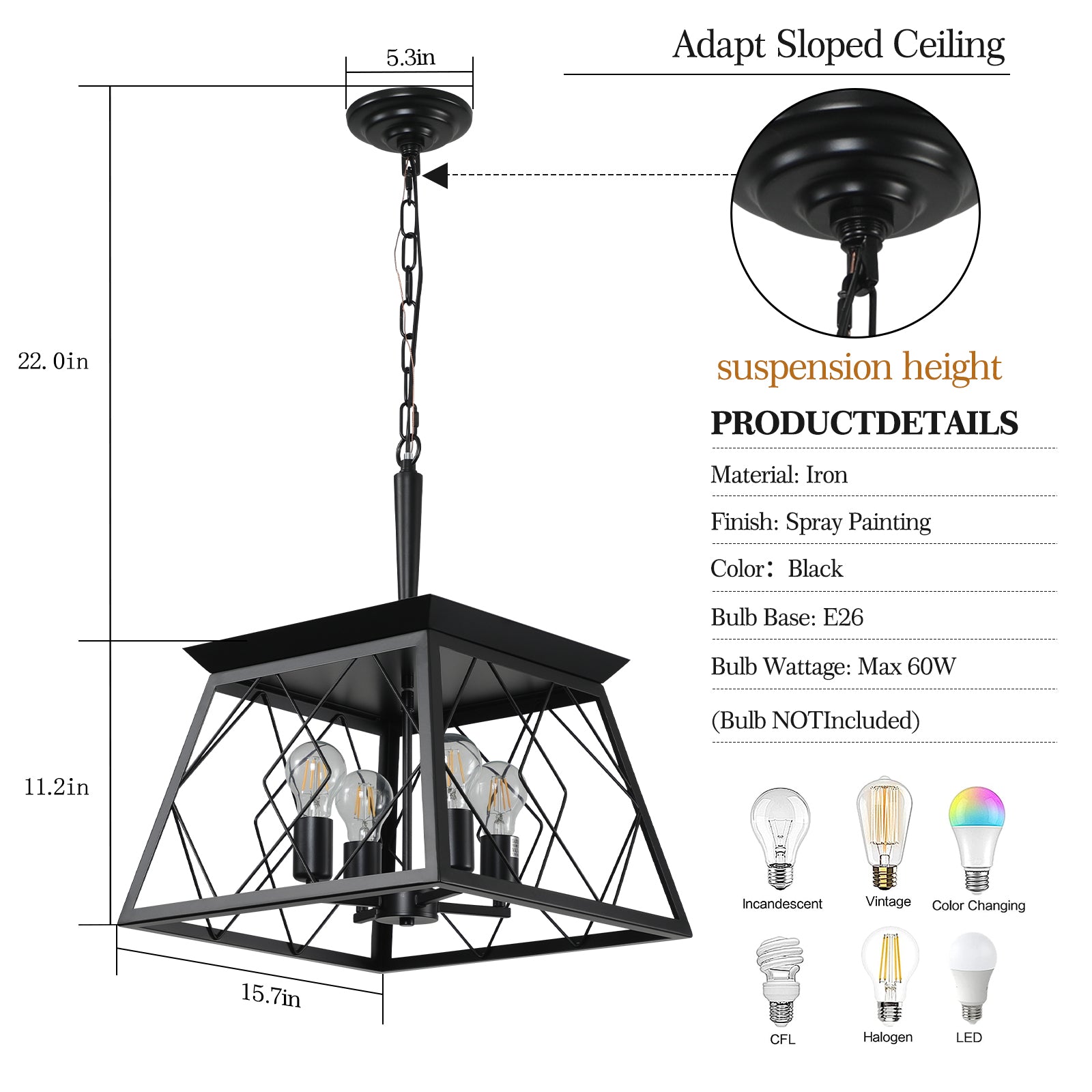16" 4-Light Black Industrial Cage Chandelier - view 9