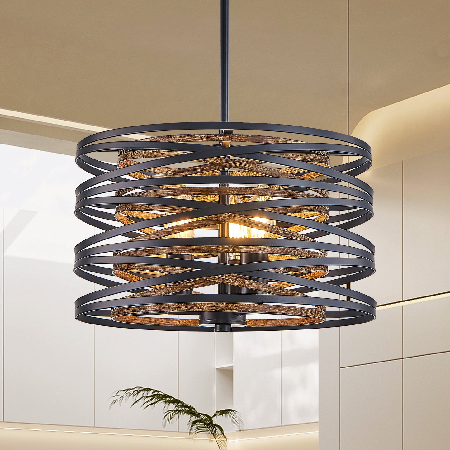 13" 3-Light Black & Walnut Caged Chandelier - view 5