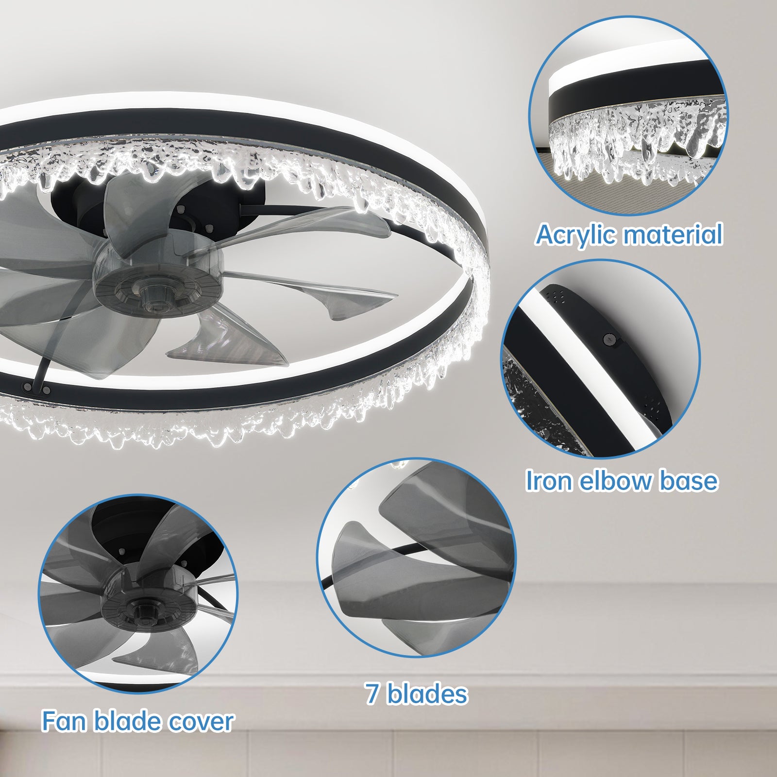 24" Black Crystal Invisible Blade Ceiling Fan with Remote - view 5