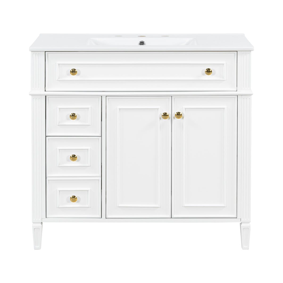 36" White Bathroom Vanity with Sink, 3 Drawers & Gold Knobs
