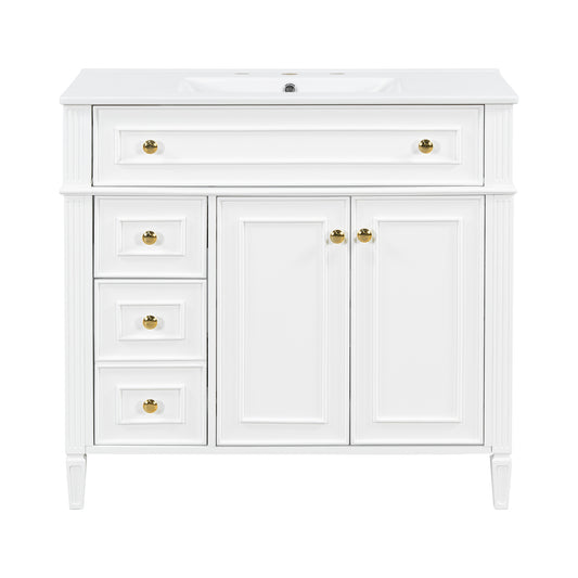 36" White Bathroom Vanity with Sink, 3 Drawers & Gold Knobs