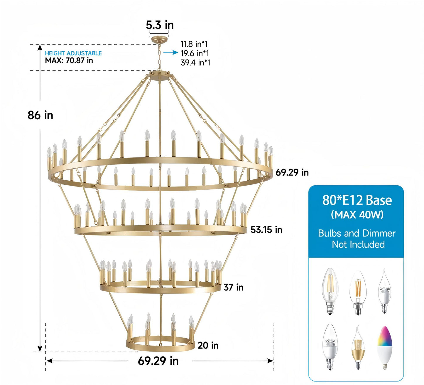 69.3" 4-Tier Gold Wagon Wheel Chandelier, 80-Light - view 10