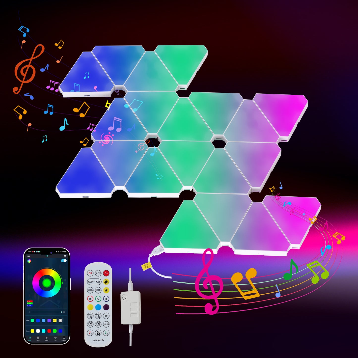 RGB Triangular LED Wall Light Panels, Set of 20