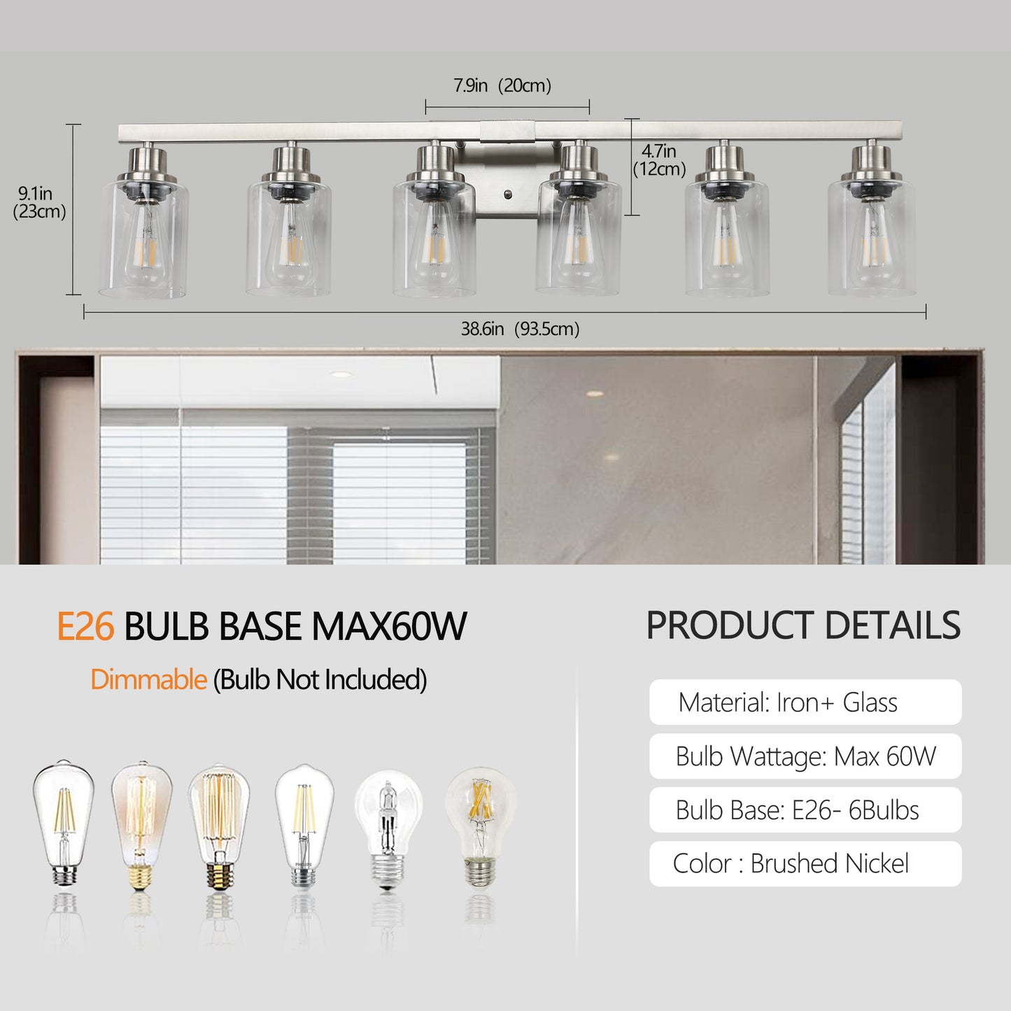 37" 6-Light Brushed Nickel Vanity Light with Clear Glass - view 8