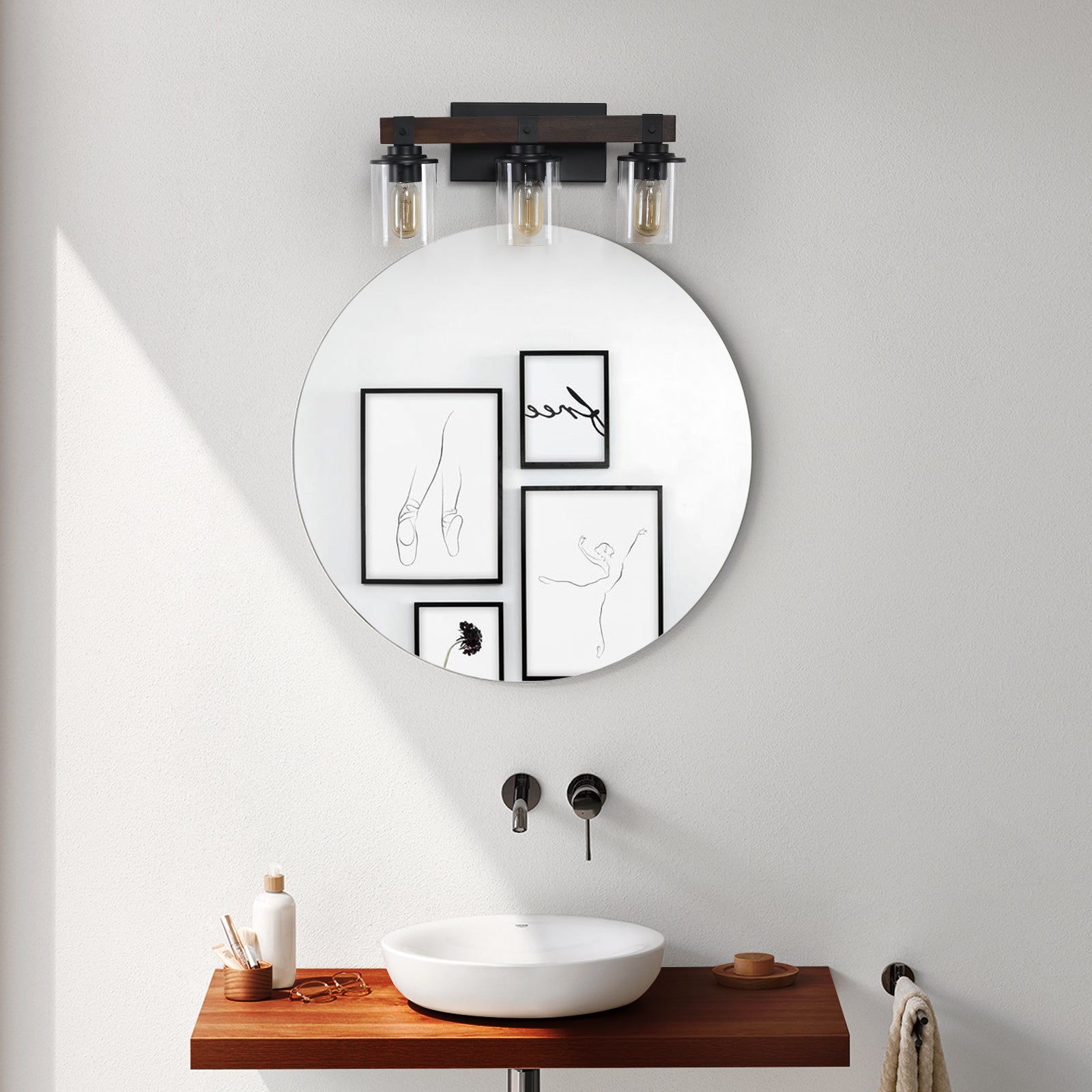 19" 3-Light Walnut Farmhouse Vanity Light with Glass Shades - view 5