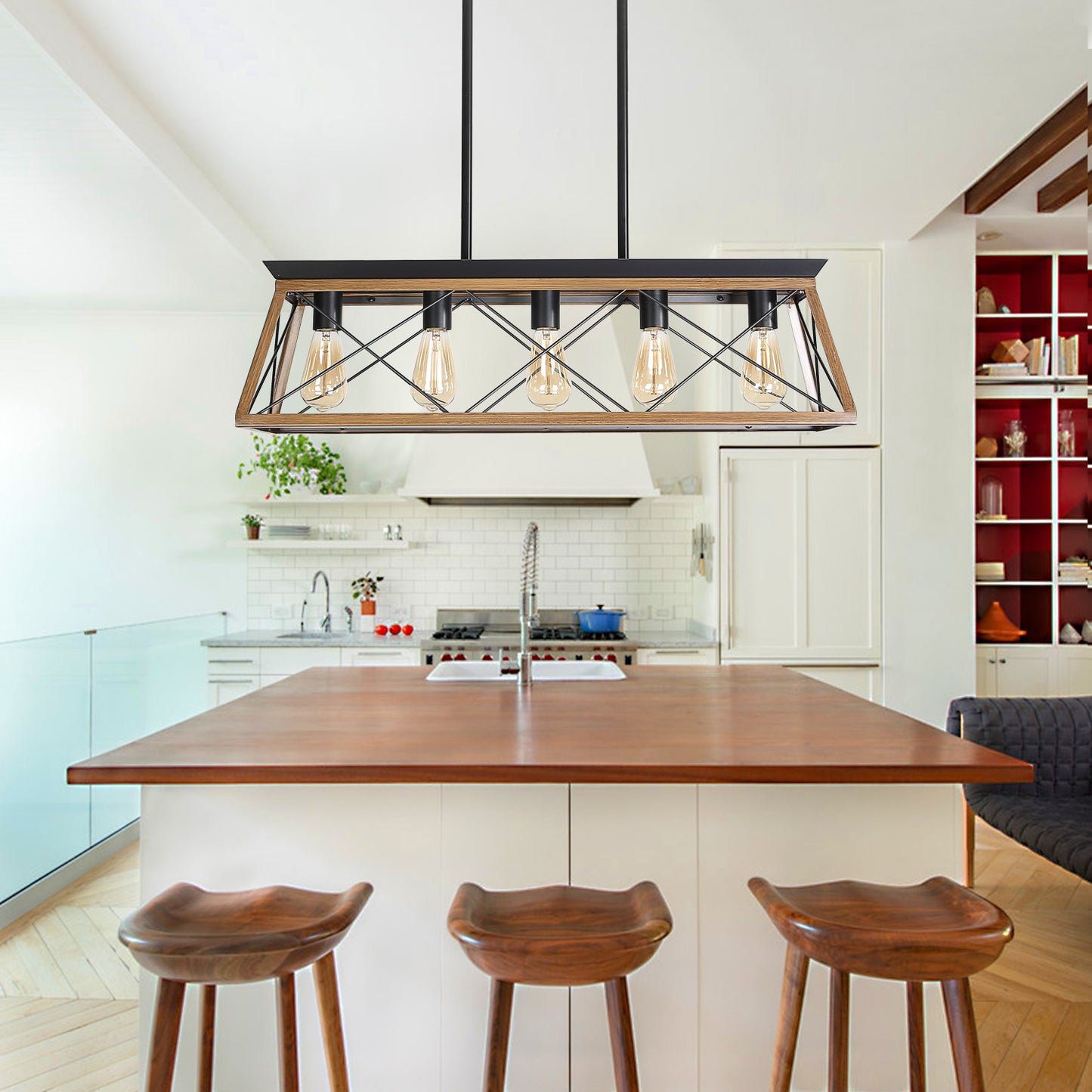32" 5-Light Walnut Caged Industrial Chandelier - view 3