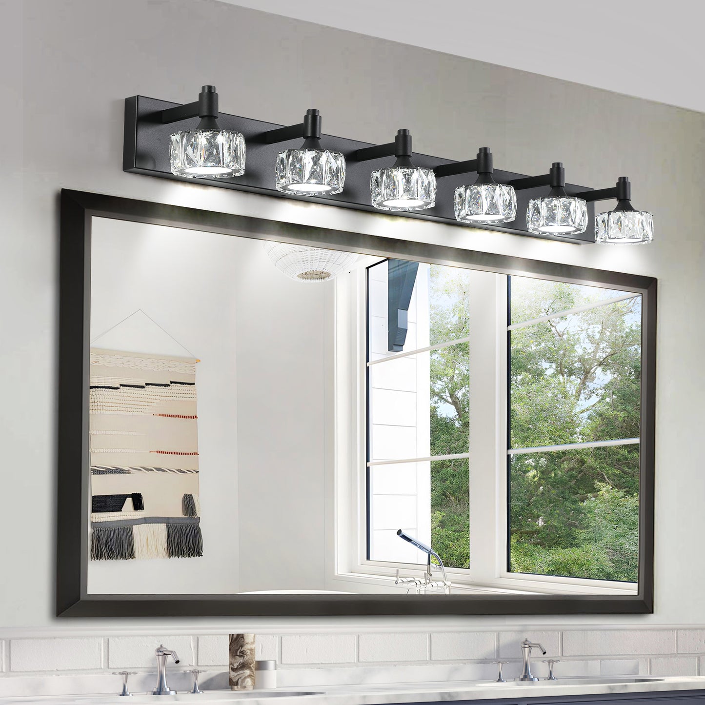 6-Light Matte Black LED Vanity Light with Crystal Glass