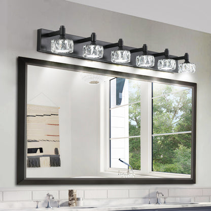 6-Light Matte Black LED Vanity Light with Crystal Glass